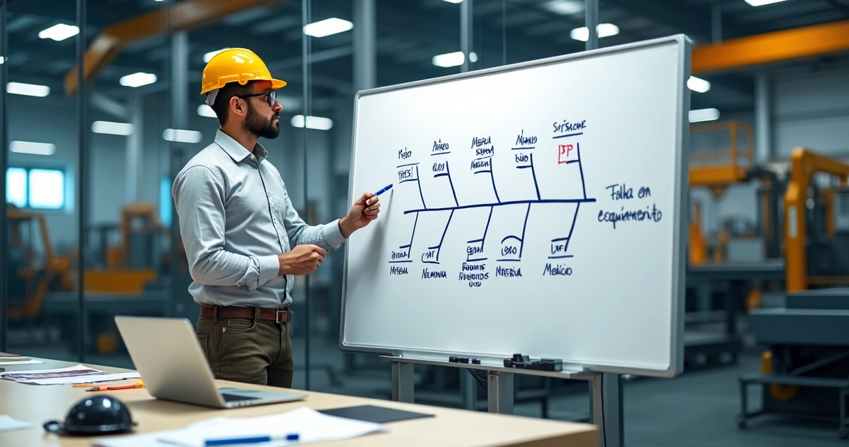Engenheiro desenhando diagrama de Ishikawa em quadro branco em área industrial 