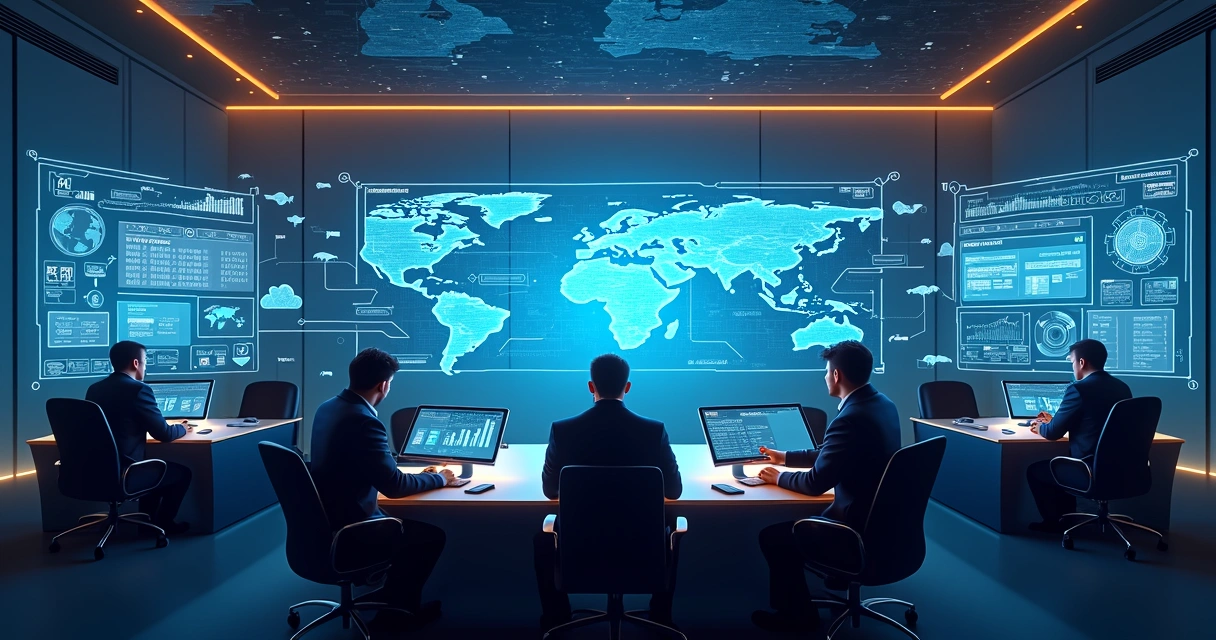 Diversas telas de painéis digitais com gráficos de automação empresarial. 