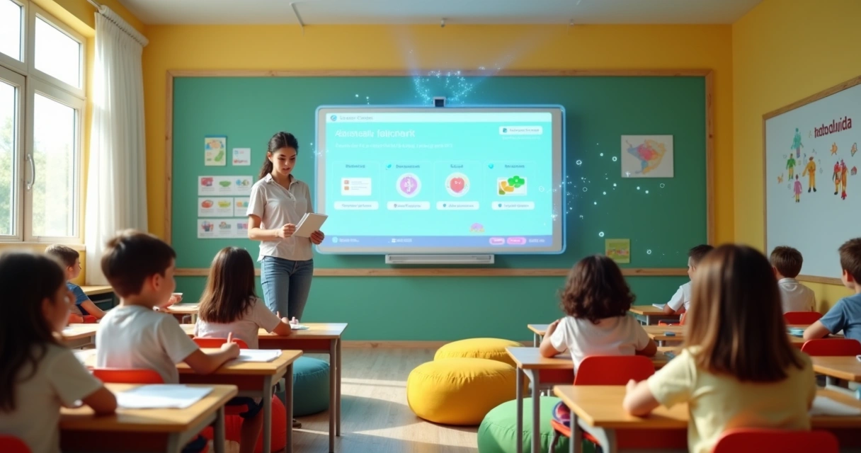 Sala de aula brasileira com grande quadro digital mostrando interface de inteligência artificial para crianças 