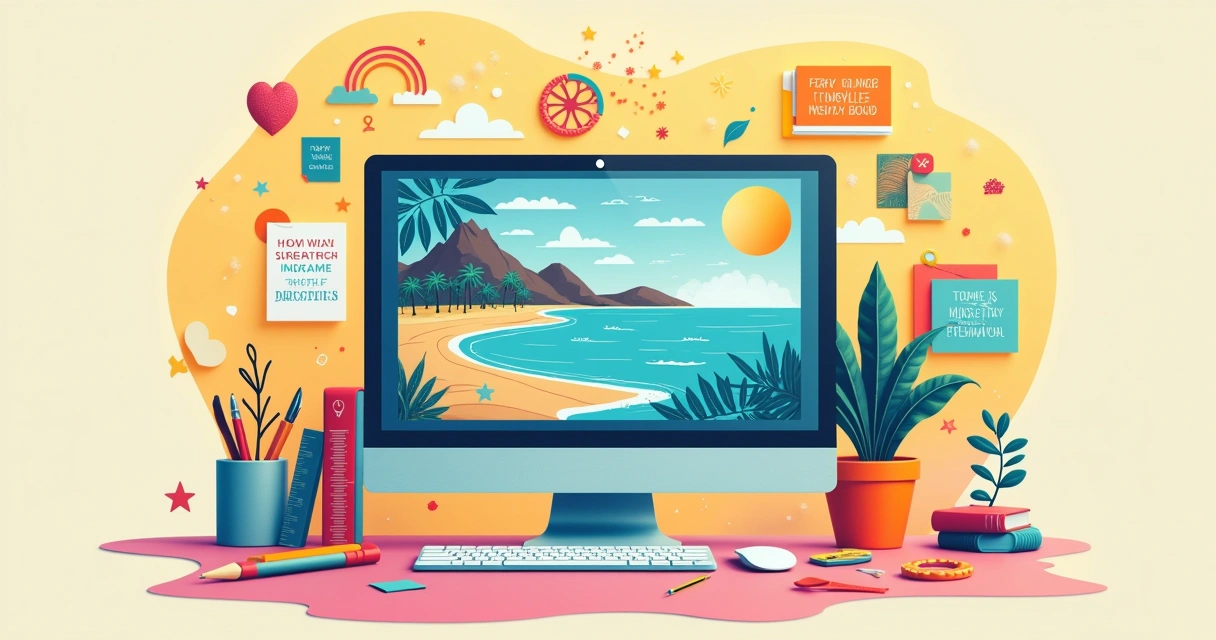 Colagem digital de um quadro dos sonhos online, com um computador central, imagens de destinos e frases motivacionais.
