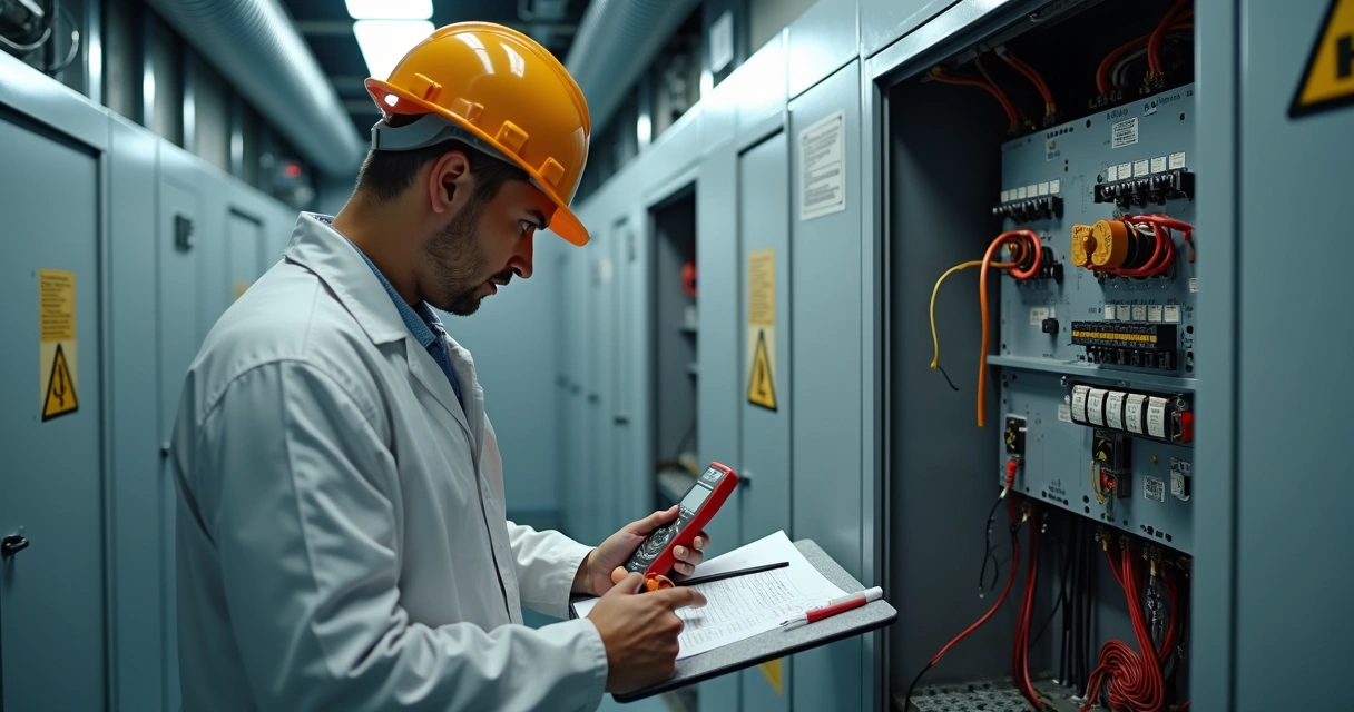 Perito examinando quadro elétrico com instrumentos de medição