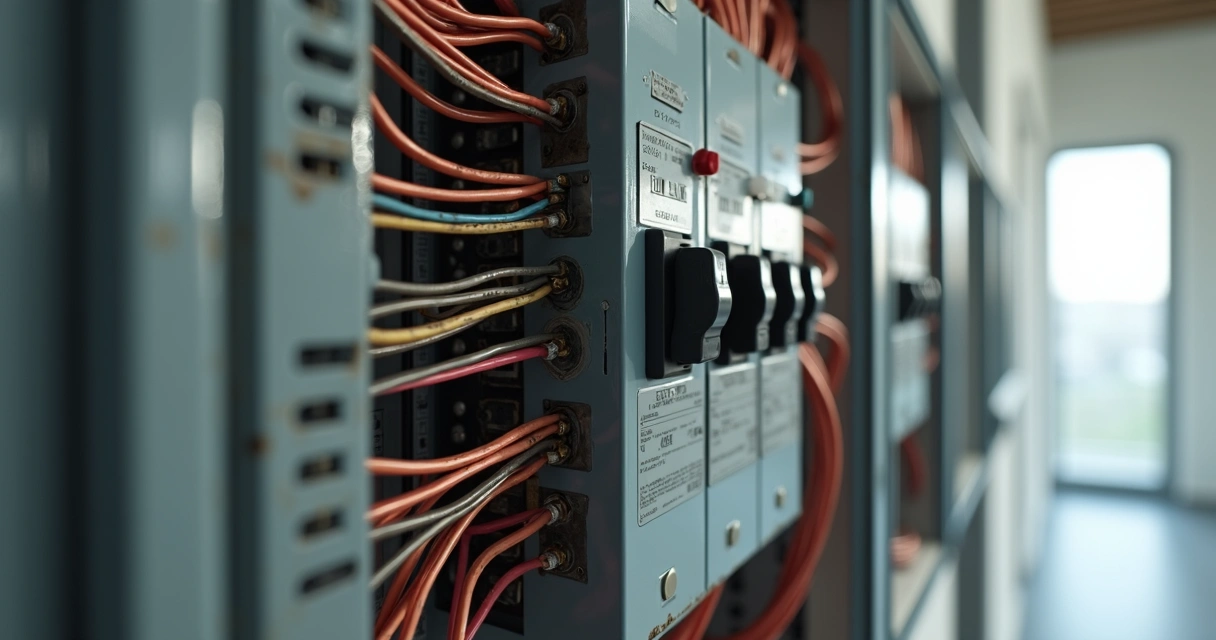 Quadro elétrico predial aberto com cabos e disjuntores 