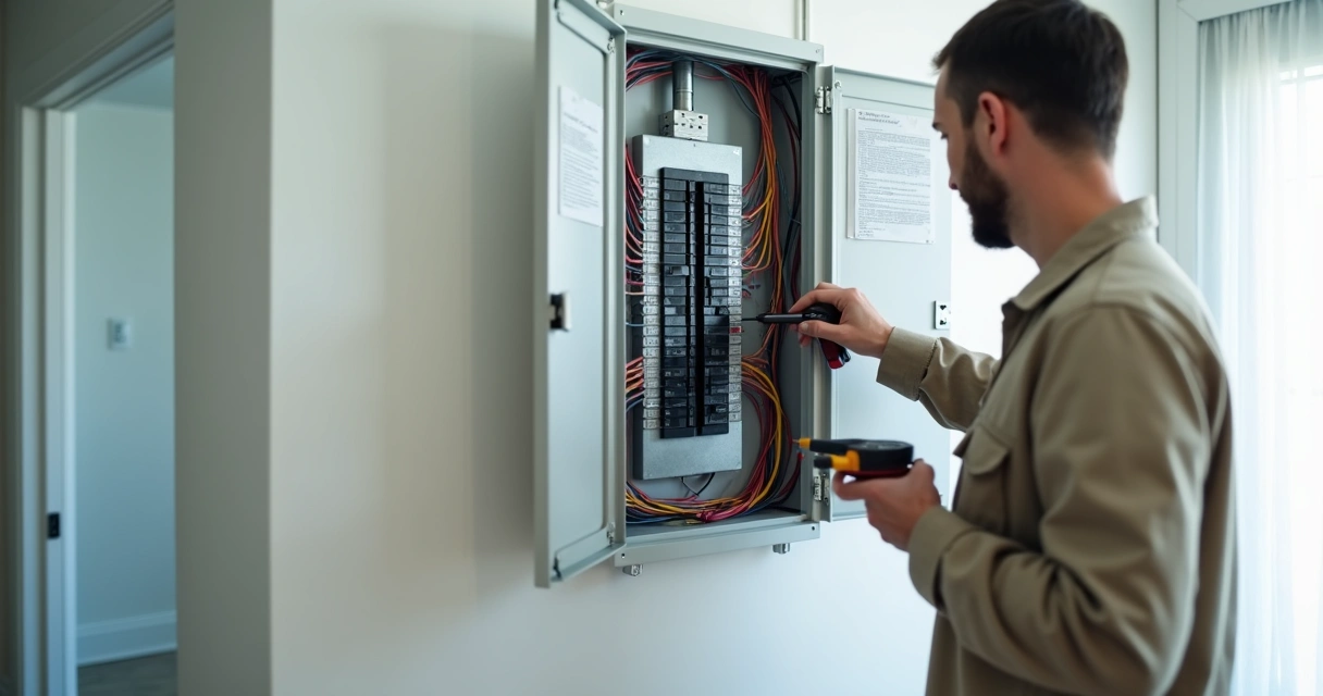 Quadro elétrico residencial com técnico verificando disjuntores 
