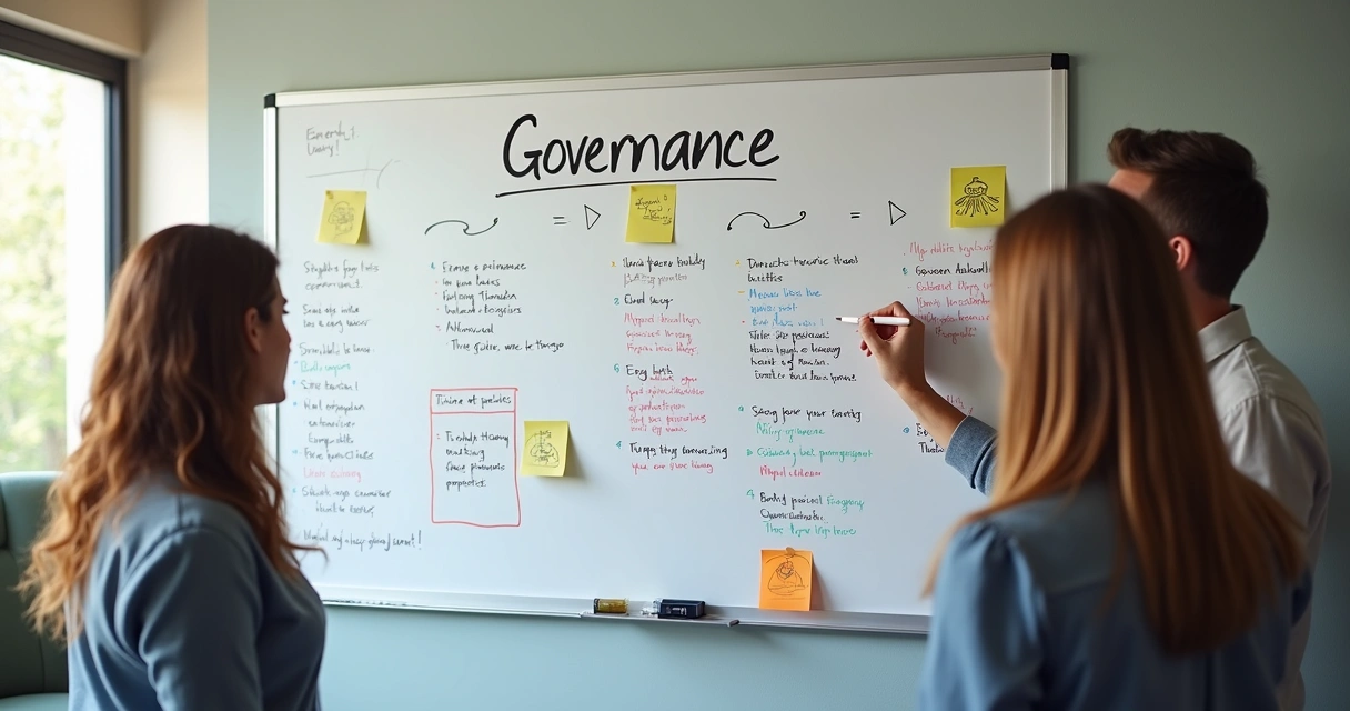 Quadro branco com checklist de governança desenhado 