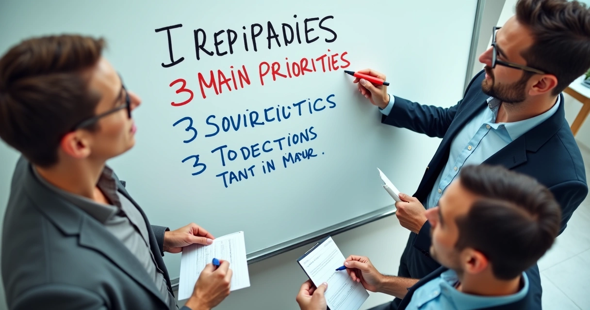 Líder destaca prioridades estratégicas no quadro, equipe observa