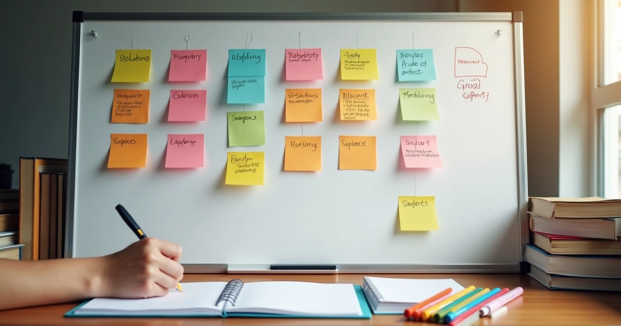 Quadro branco dividido em sessões para planejamento de estudo espaçado