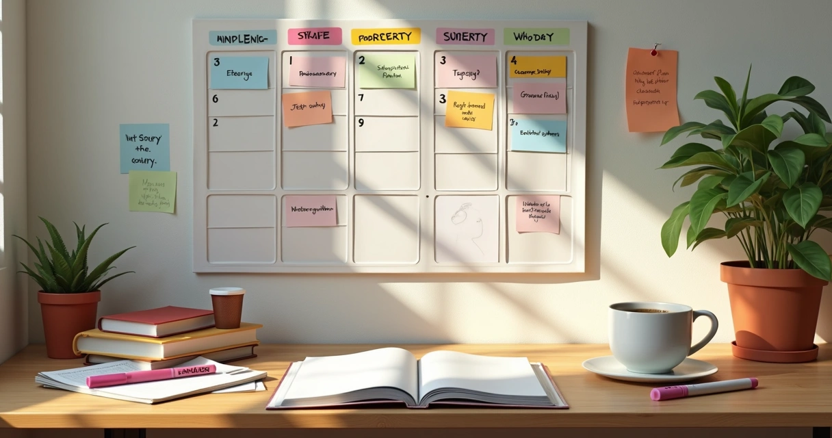 Quadro de estudos semanal com disciplinas diversas, livros abertos, canetas e xícara de café. 