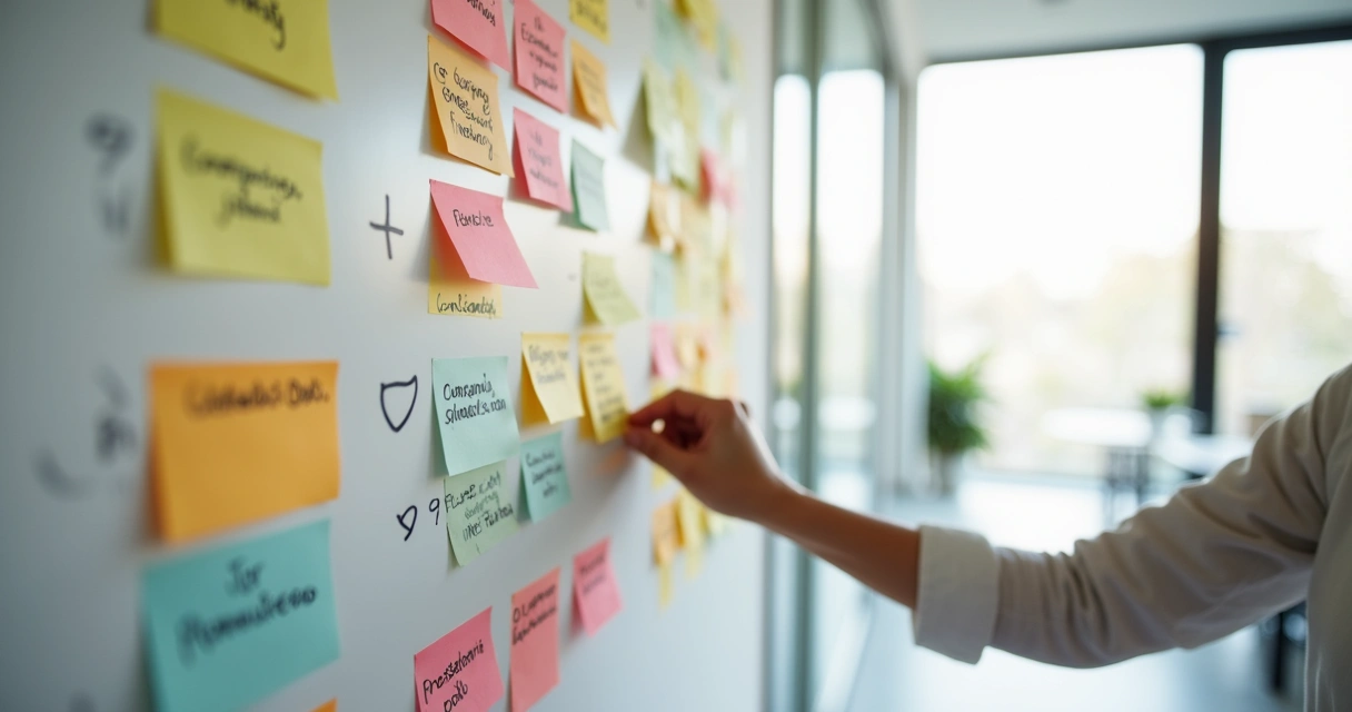 Quadro branco com categorias de feedback. 