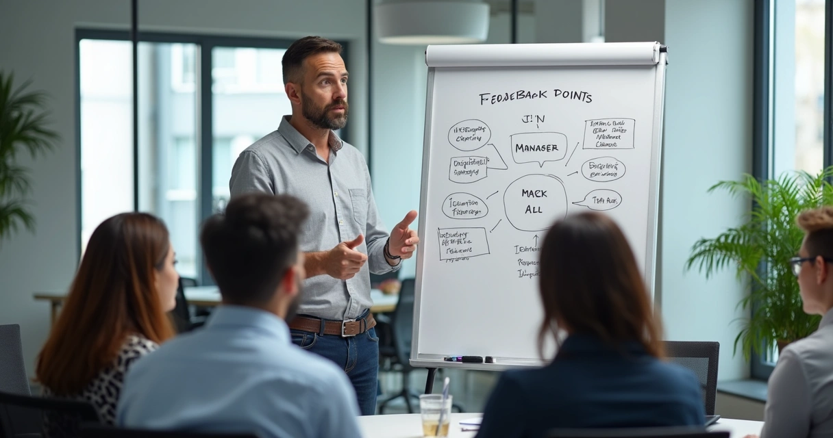 Gestor usando quadro branco para dar feedback à equipe 