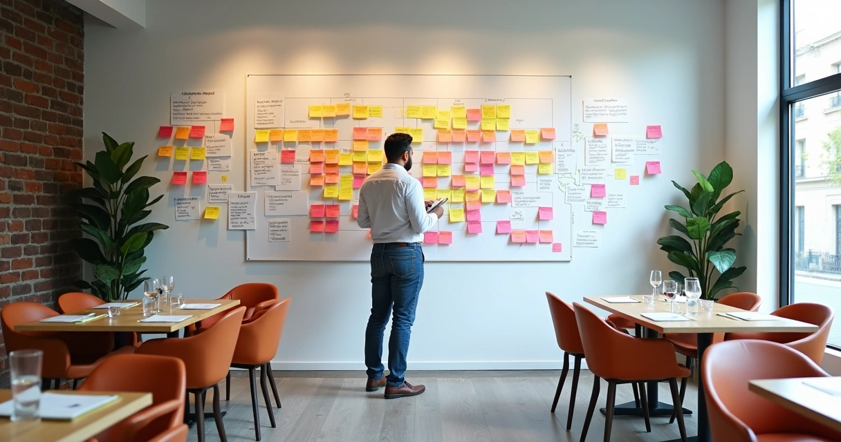 Fundador de startup analisando quadro branco cheio de post-its coloridos e fluxos de feedback