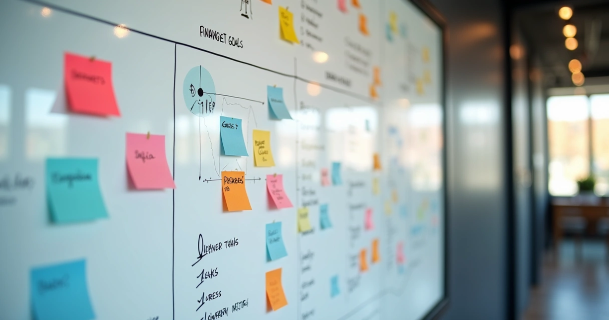 Quadro branco com metas financeiras e tarefas destacadas 