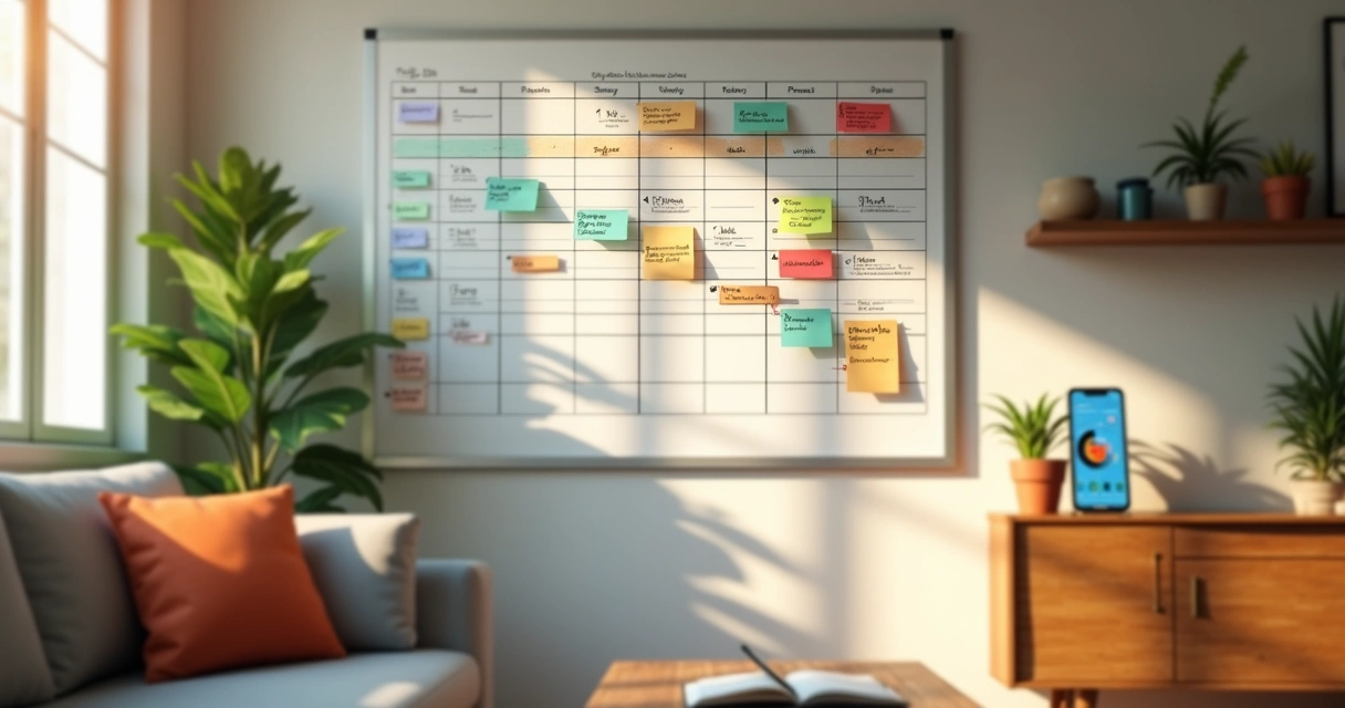 Quadro branco na parede com fluxo de caixa pessoal organizado por cores 