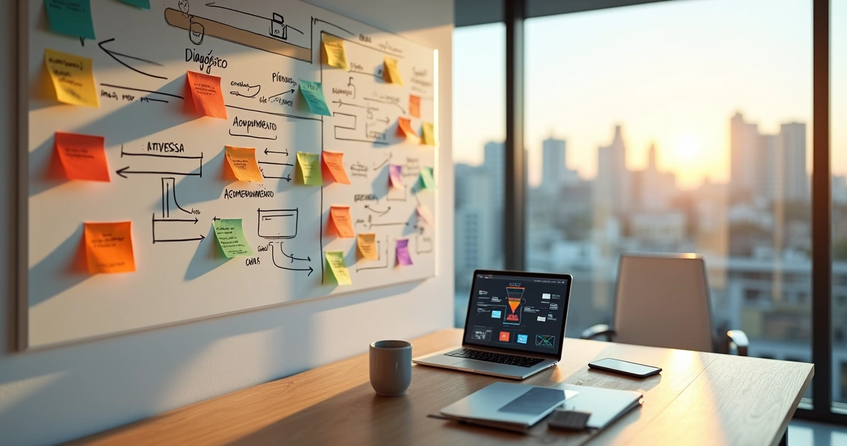 Quadro colorido com fluxo visual de oferta de mentoria estruturada 