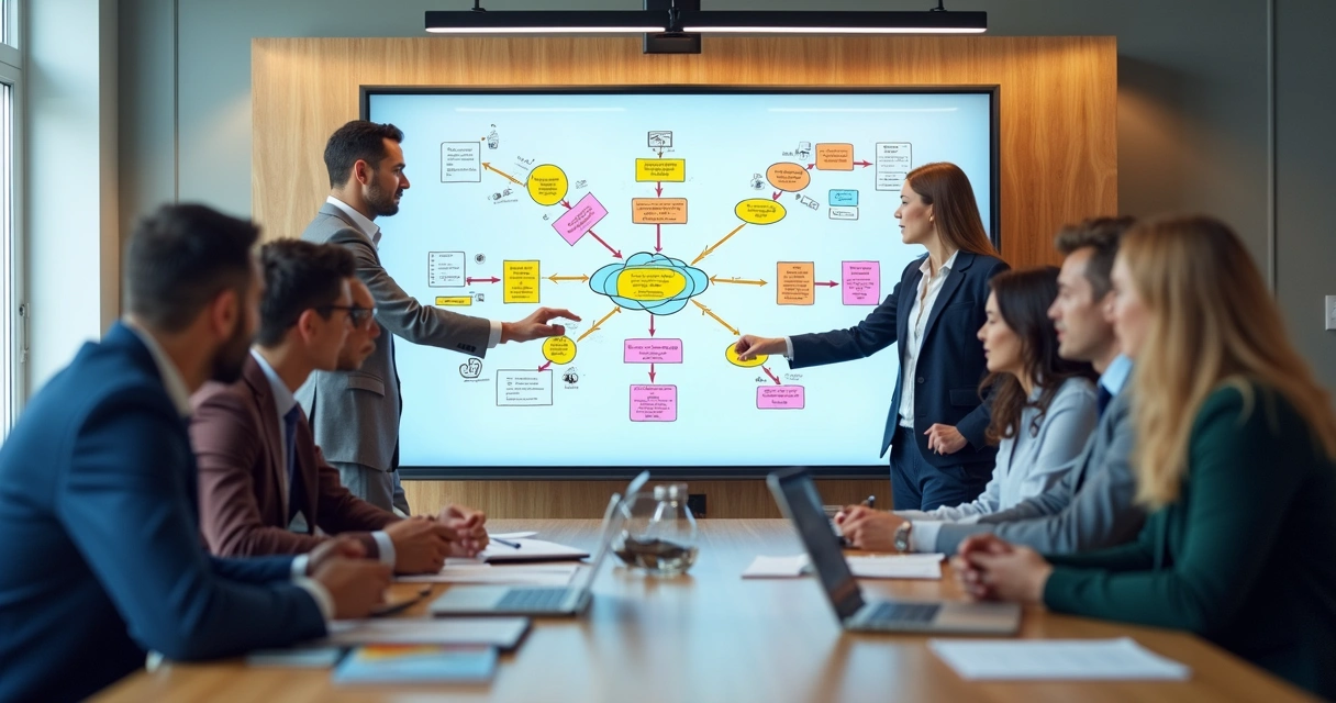 Equipe analisa quadro branco com fluxos de automação desenhados 