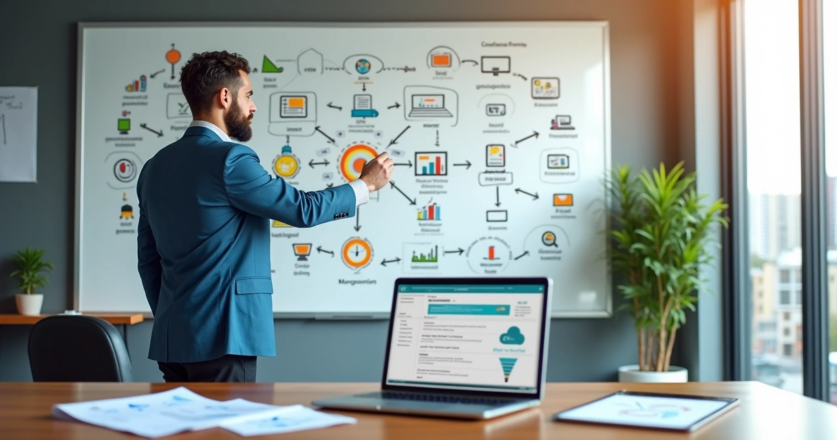 Manager drawing integrated sales flow on a whiteboard while monitoring management software on a laptop
