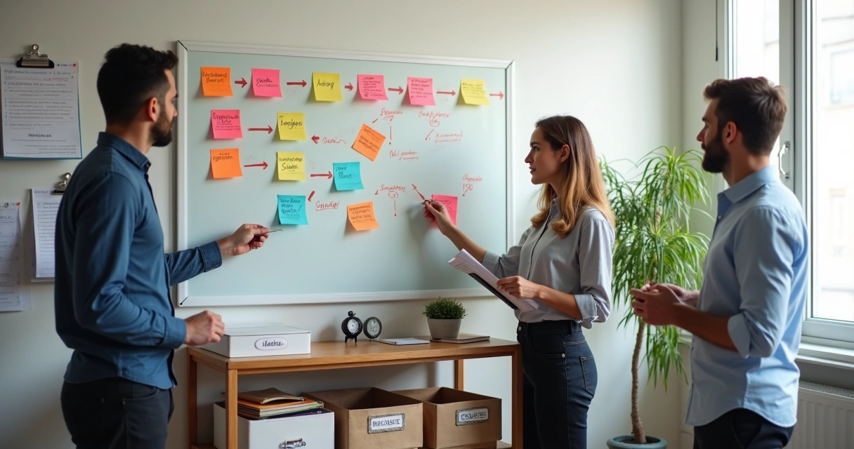 Equipe de pequena empresa alinhando tarefas em quadro de fluxo colorido na parede 