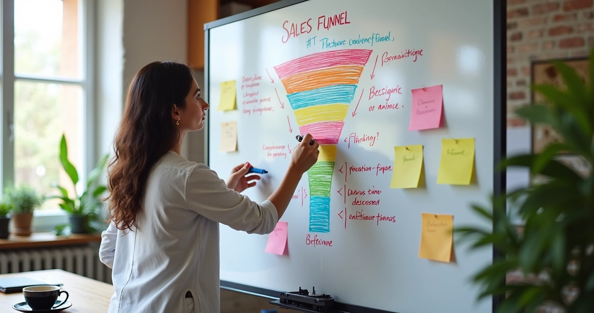 Desenho de funil de vendas e copywriting em quadro branco 
