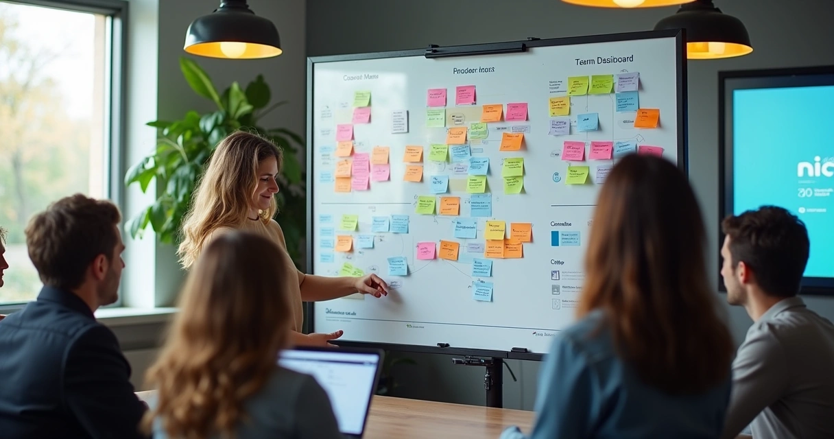 Quadro branco com fluxograma de tarefas e post-its coloridos