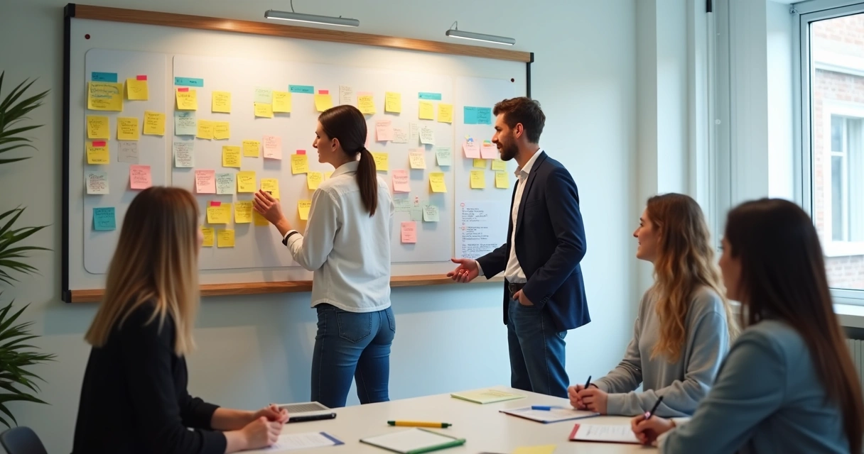 Quadro com post-its e equipe organizando ideias