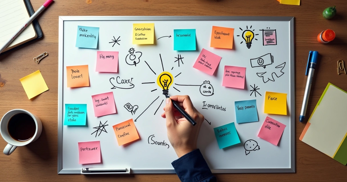 Quadro branco com post-its coloridos e uma mão escrevendo ideias 