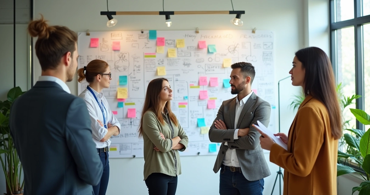 Quadro de ideias com equipe refletindo em silêncio