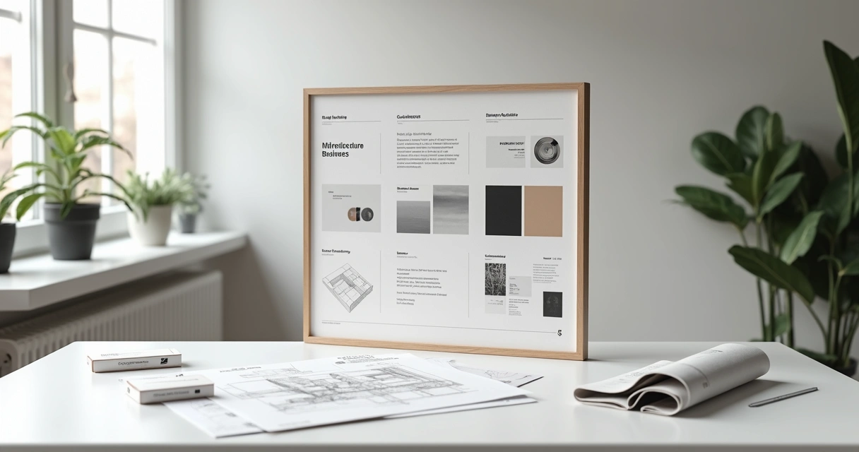 Quadro com elementos de identidade visual de escritório de arquitetura 