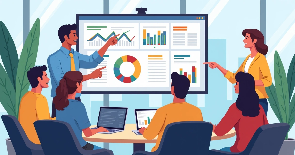 Equipe olhando painel com indicadores empresariais em gráficos digitais 