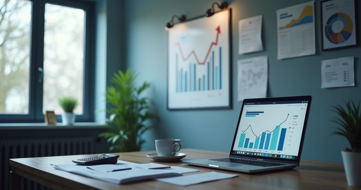 Quadro com indicadores em queda em pequeno escritório