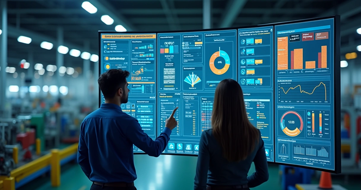 Dashboard colorido de indicadores de produção industrial 