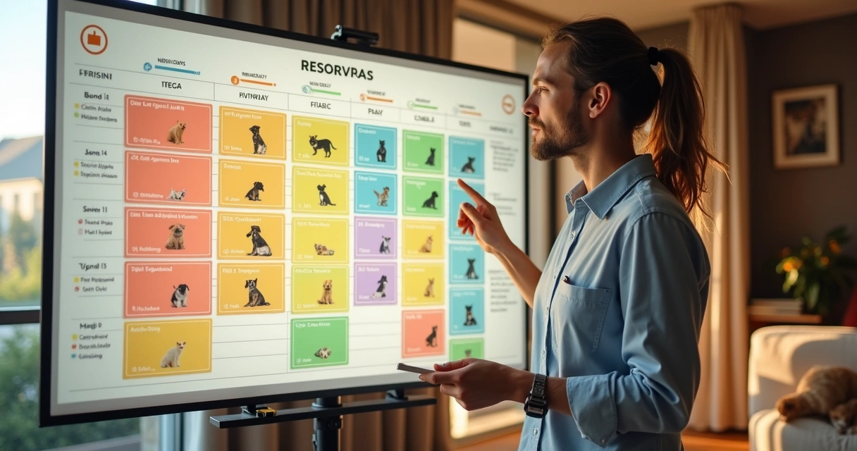 Gestor usando quadro digital para controlar reservas de pets 