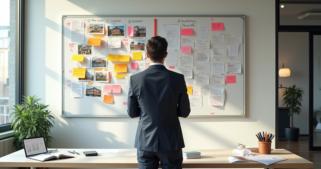 Gestor imobiliário observando quadro de vendas desorganizado e organizado lado a lado 