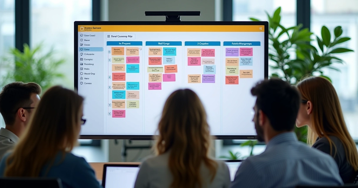 Quadro Kanban digital mostrando cartões de atendimento sendo movidos entre colunas 