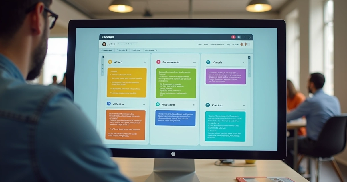 Quadro Kanban digital com cartões coloridos organizados em colunas 