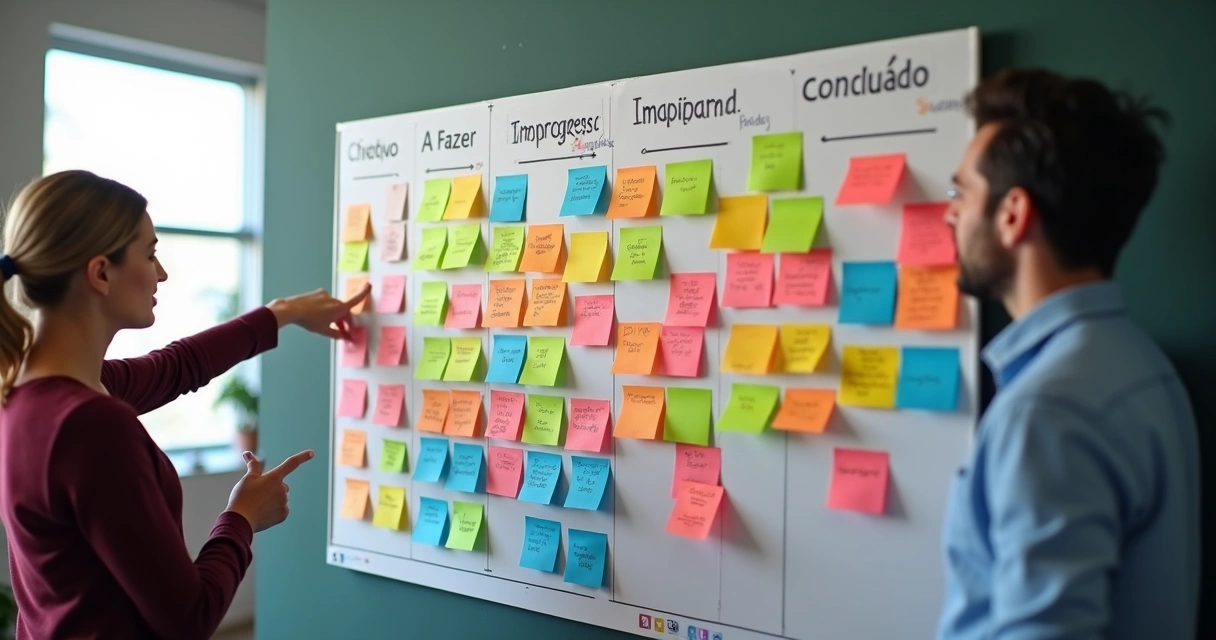 Quadro Kanban com cartões coloridos em diferentes colunas 