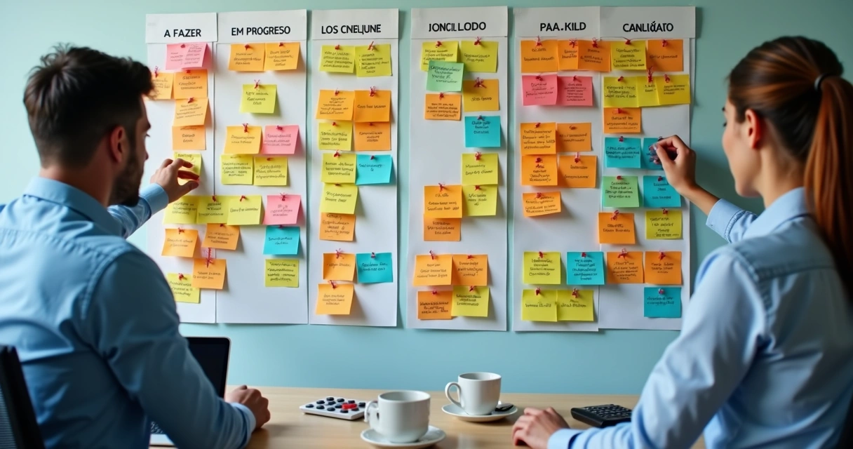 Quadro kanban colorido com tarefas contábeis 