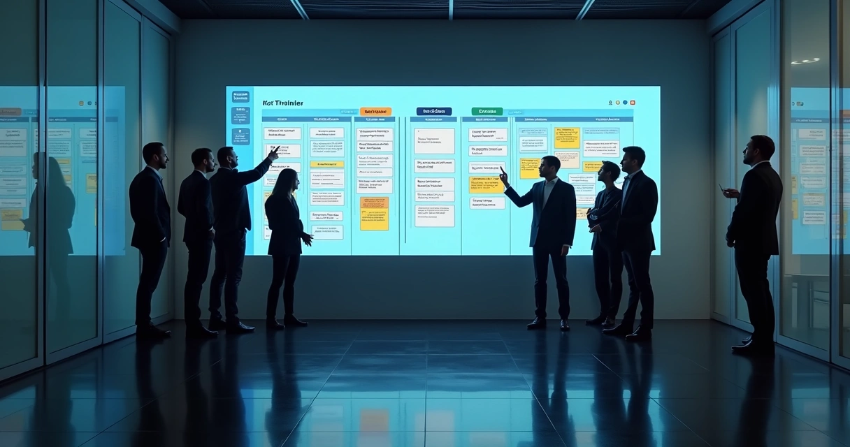 Quadro Kanban digital em monitor de projetos 