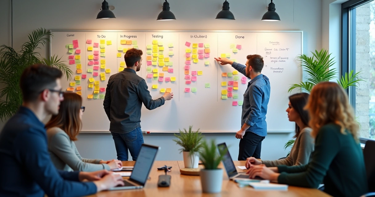 Quadro de tarefas com post-its coloridos em ambiente de tecnologia 