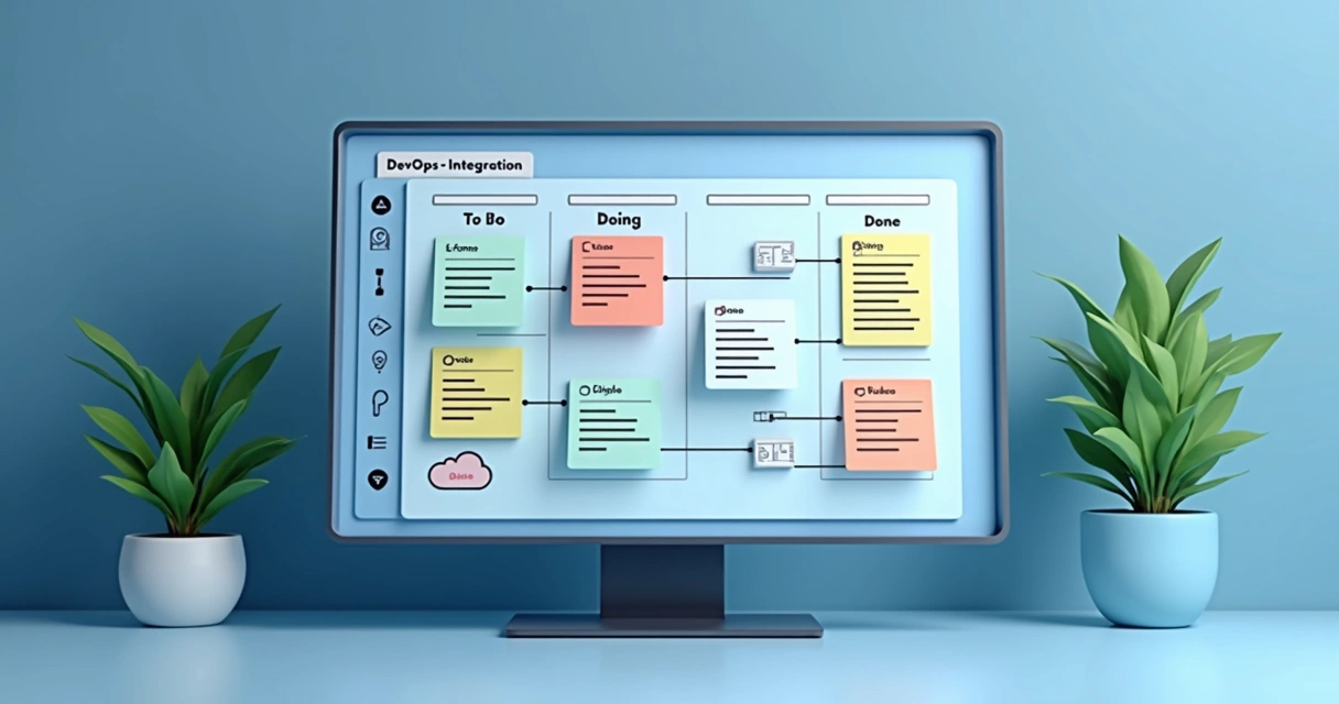 Quadro Kanban digital com cartões de tarefas e integrações DevOps 