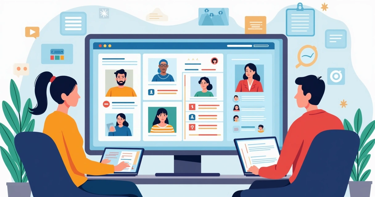 Quadro kanban digital exibindo tarefas de equipe híbrida com ícones de colaboradores presenciais e remotos 