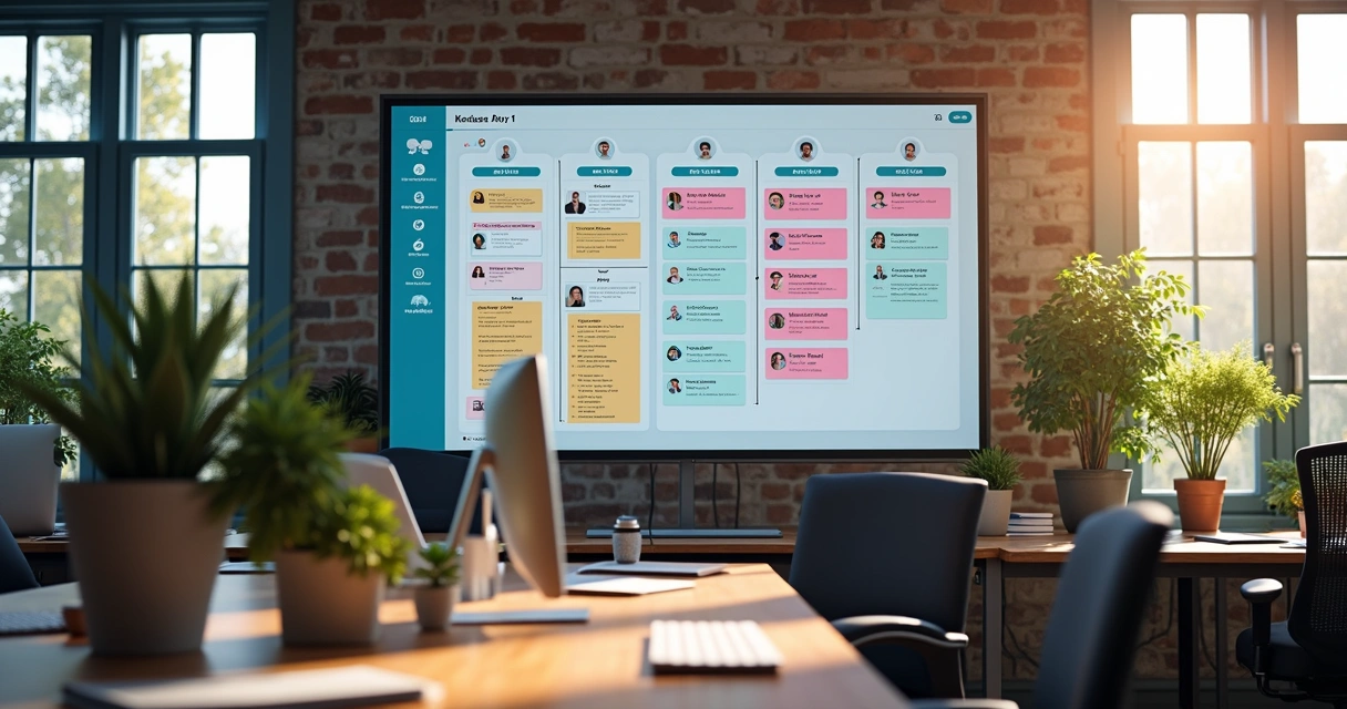 Quadro kanban digital com várias colunas e cartões coloridos