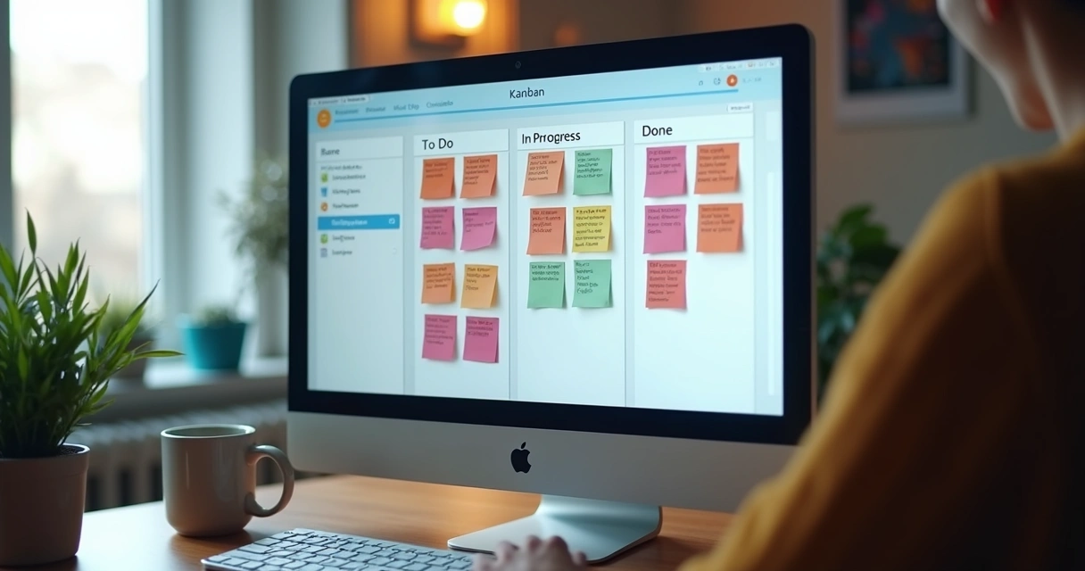Visão de quadro Kanban digital em tela de computador. 