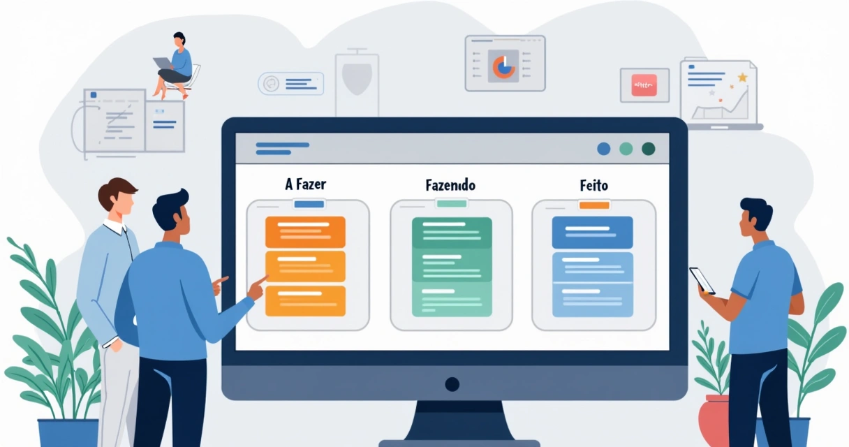Colunas digitais de um quadro kanban mostrando tarefas em diferentes estágios 