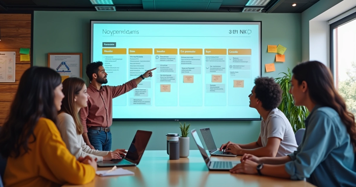 Quadro kanban digital com tarefas em andamento em tela colorida 