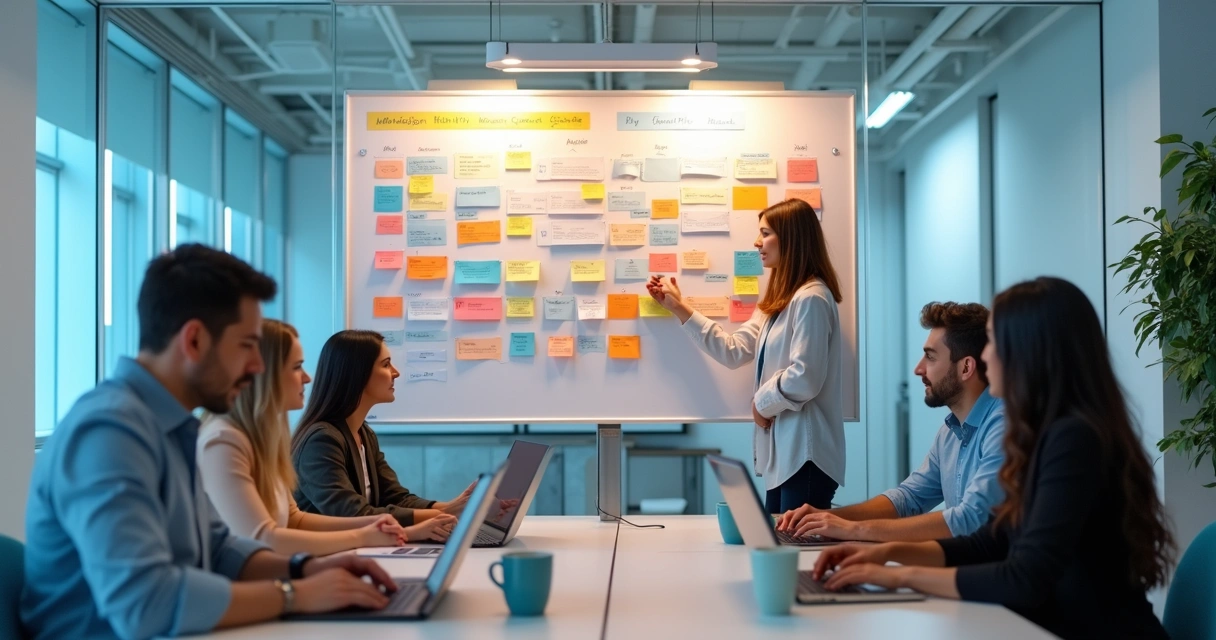 Painel kanban colorido em ambiente corporativo 