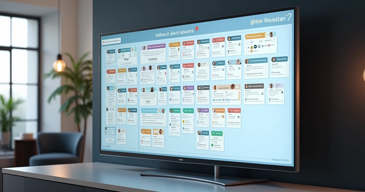 Quadro kanban digital com etapas do funil imobiliário e cartões de clientes 