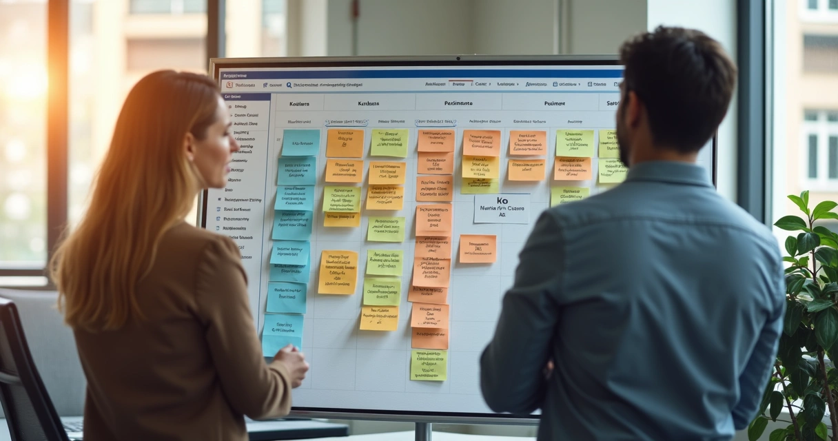 Quadro kanban colorido mostrando diferentes etapas do funil de vendas imobiliário 