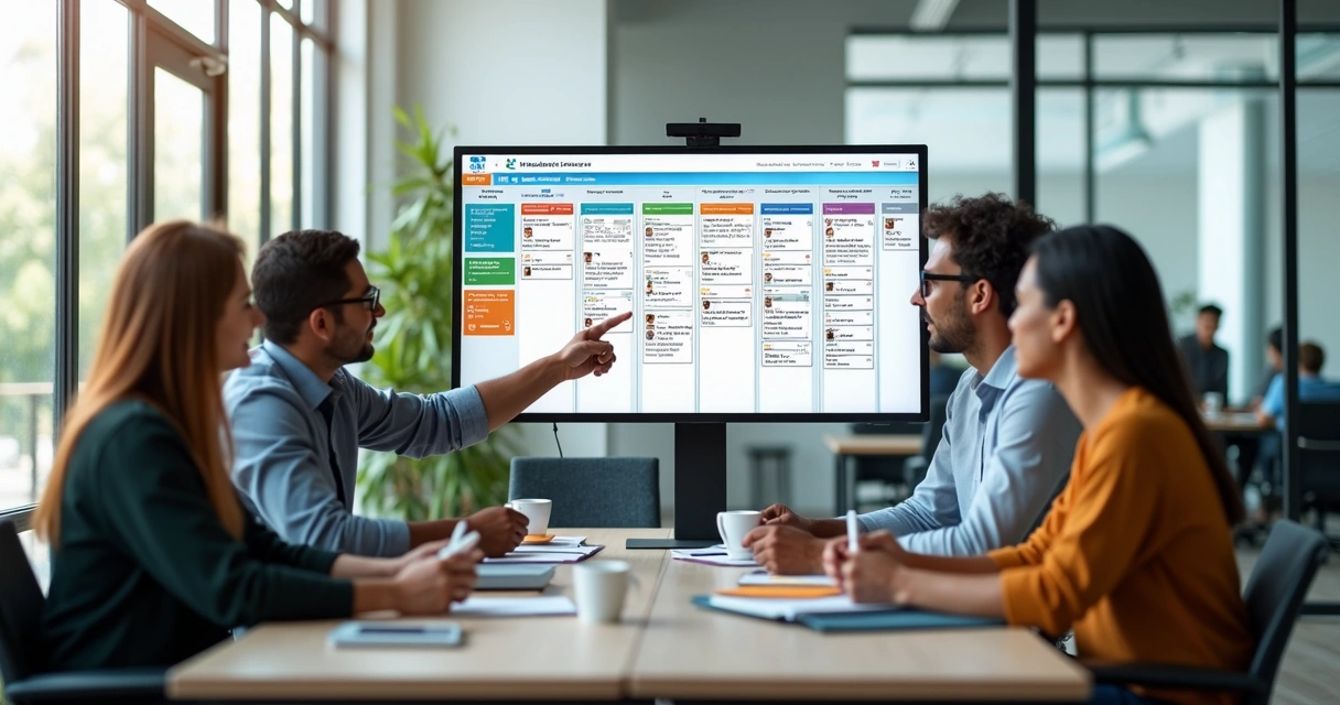 Quadro Kanban digital organizado com colunas coloridas, cartões representando etapas de mentorias e equipe trabalhando colaborativamente 