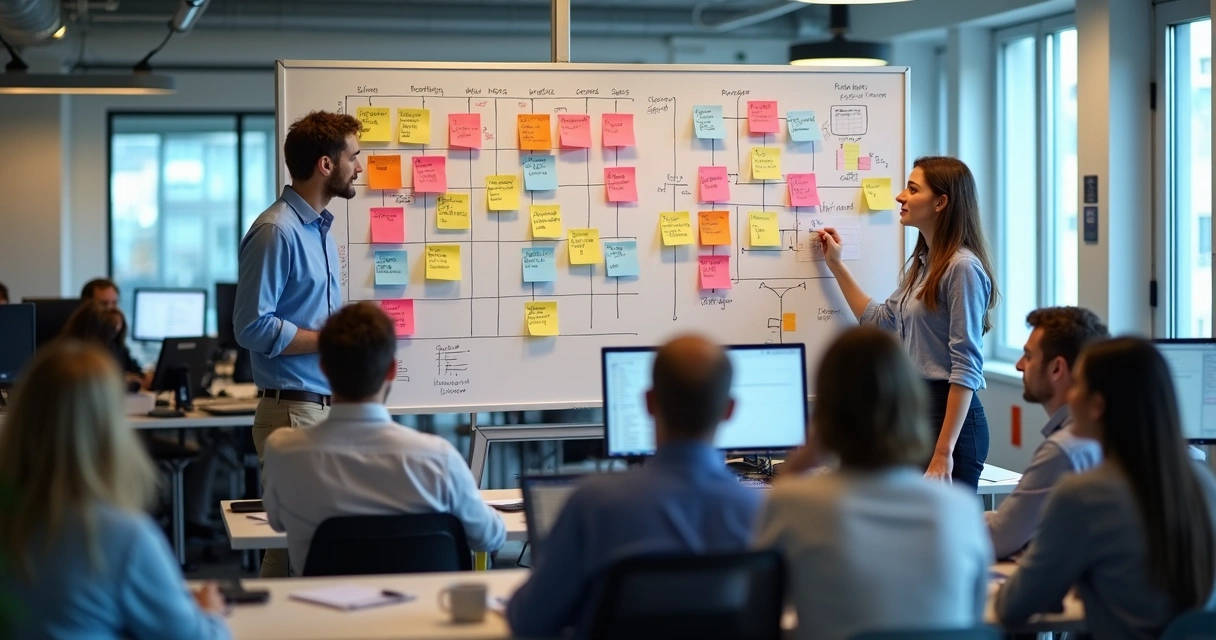 Quadro kanban com cartões coloridos, métricas visíveis e equipe em reunião 