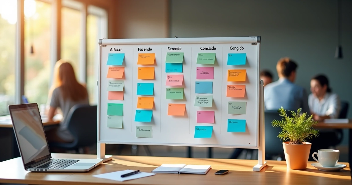 Quadro Kanban com cartões coloridos de tarefas organizados em escritório moderno 