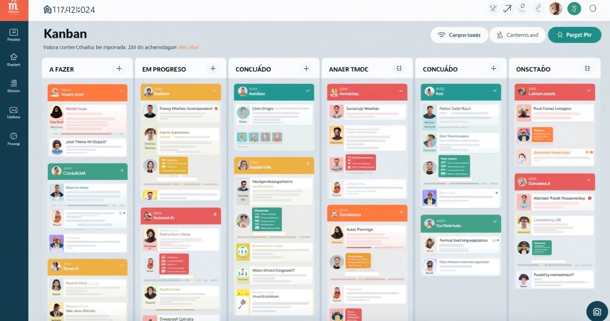 Quadro Kanban digital personalizado para mentoria corporativa com barras de progresso e cartões coloridos. 
